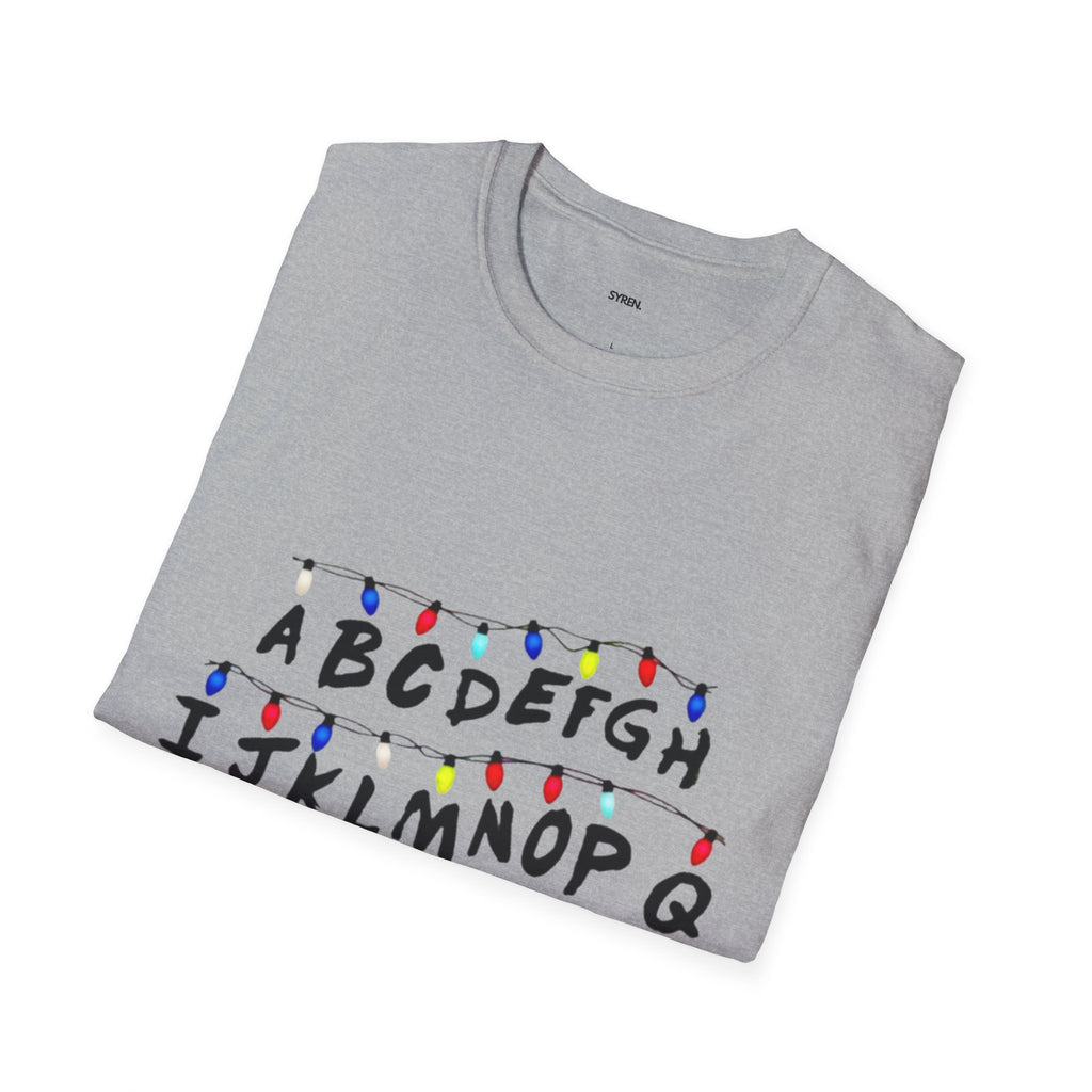 Alphabet String Lights T‑Shirt — Retro Holiday Stranger Things Inspired Tee