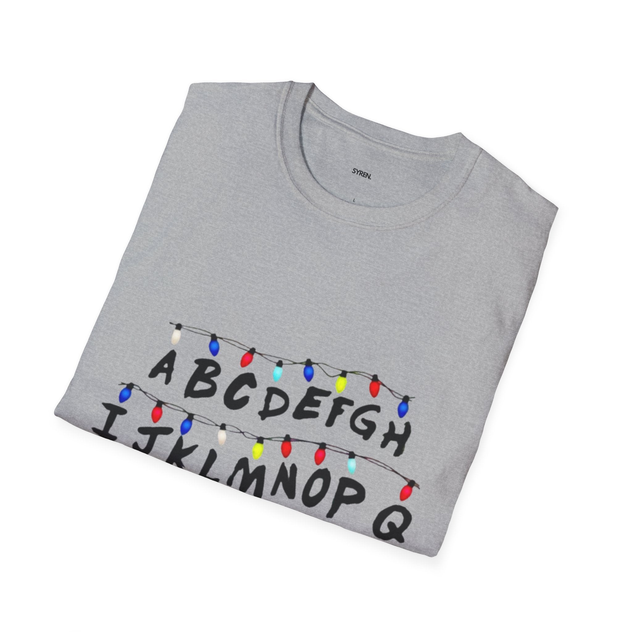 Alphabet String Lights T‑Shirt — Retro Holiday Stranger Things Inspired Tee