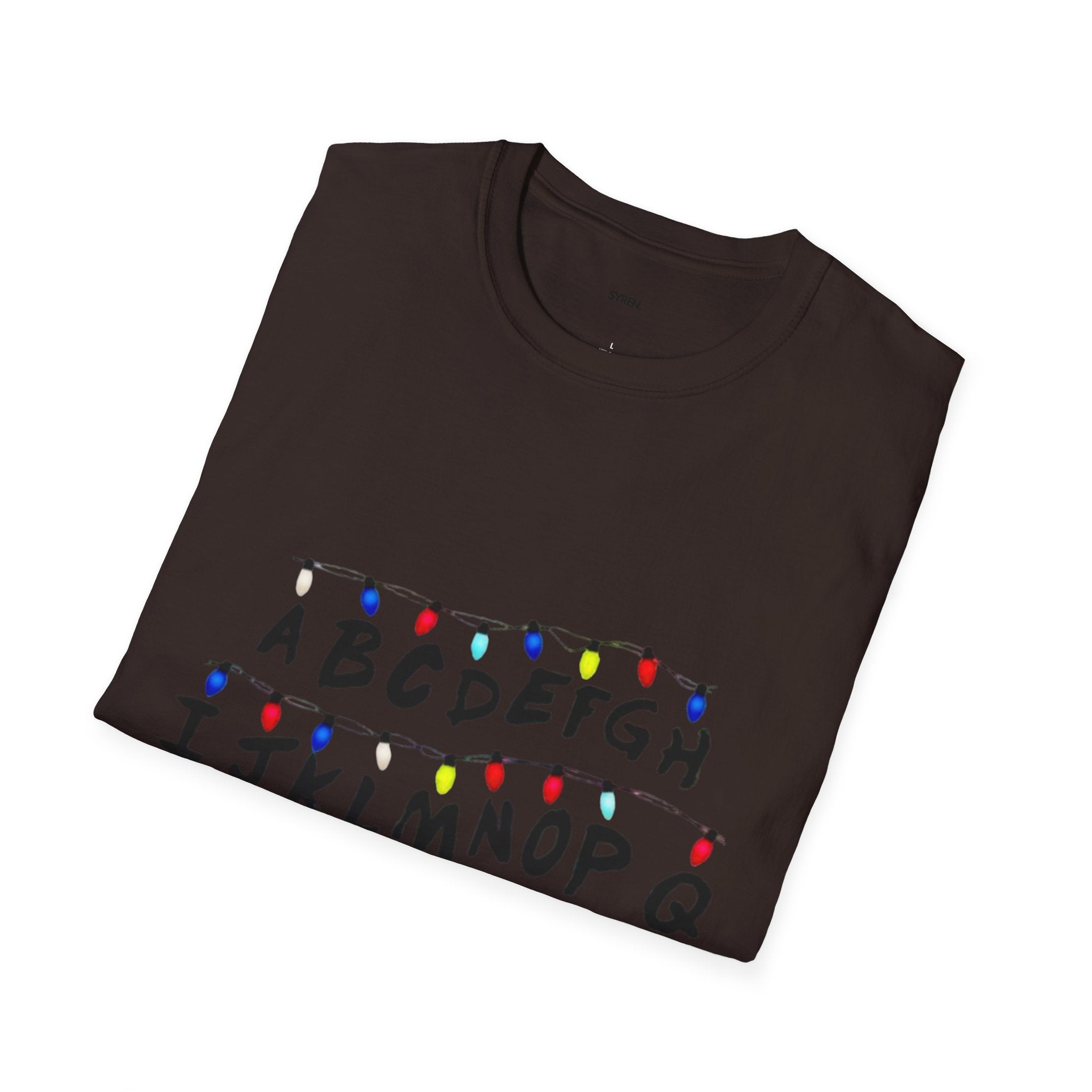 Alphabet String Lights T‑Shirt — Retro Holiday Stranger Things Inspired Tee