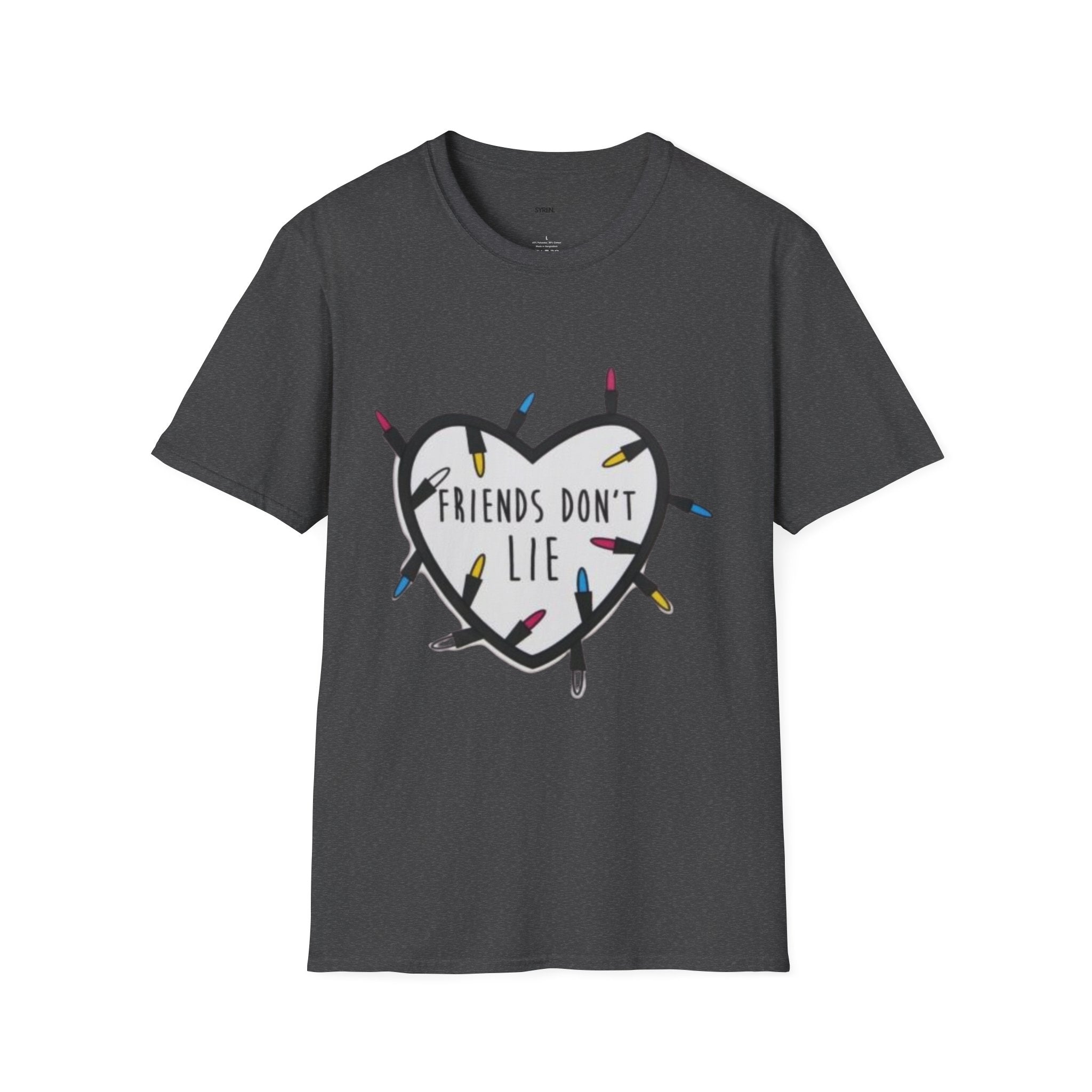 Friends Don't Lie T-Shirt — Stranger Things-Inspired Heart & Holiday Lights Tee