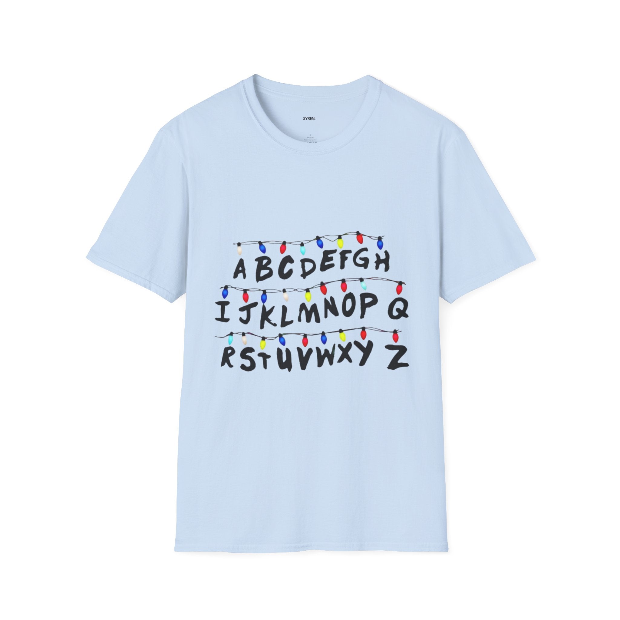 Alphabet String Lights T‑Shirt — Retro Holiday Stranger Things Inspired Tee