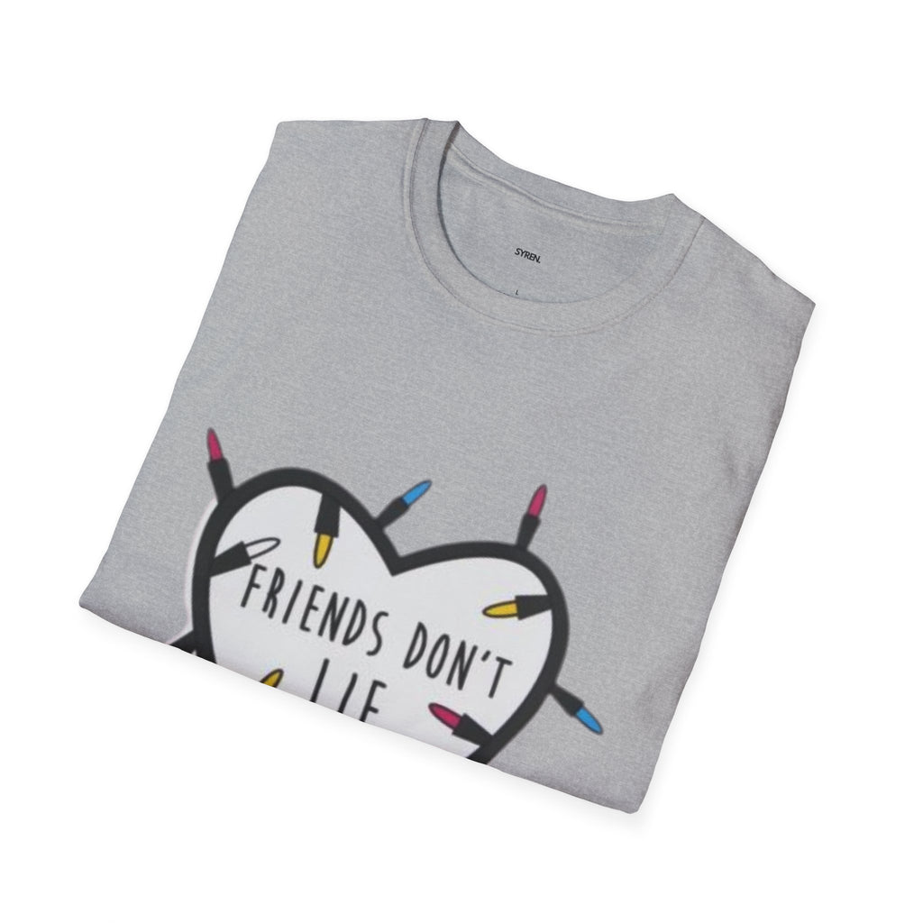 Friends Don't Lie T-Shirt — Stranger Things-Inspired Heart & Holiday Lights Tee