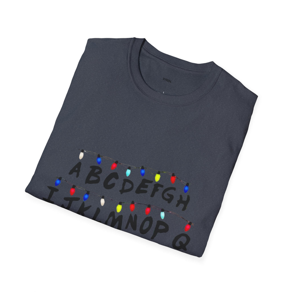 Alphabet String Lights T‑Shirt — Retro Holiday Stranger Things Inspired Tee