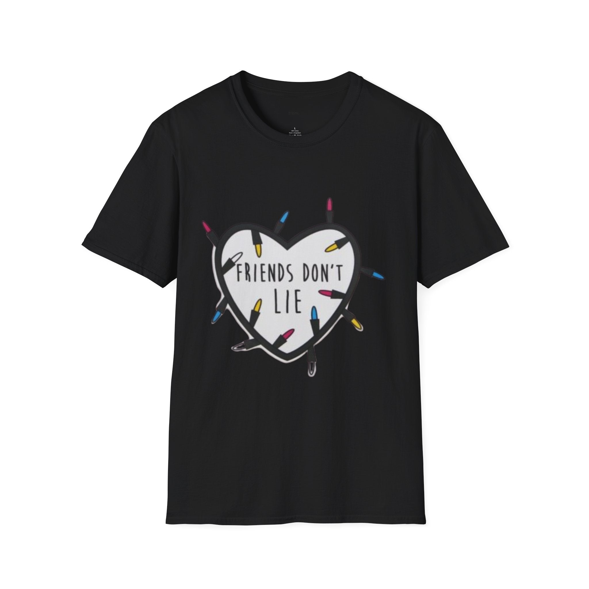 Friends Don't Lie T-Shirt — Stranger Things-Inspired Heart & Holiday Lights Tee