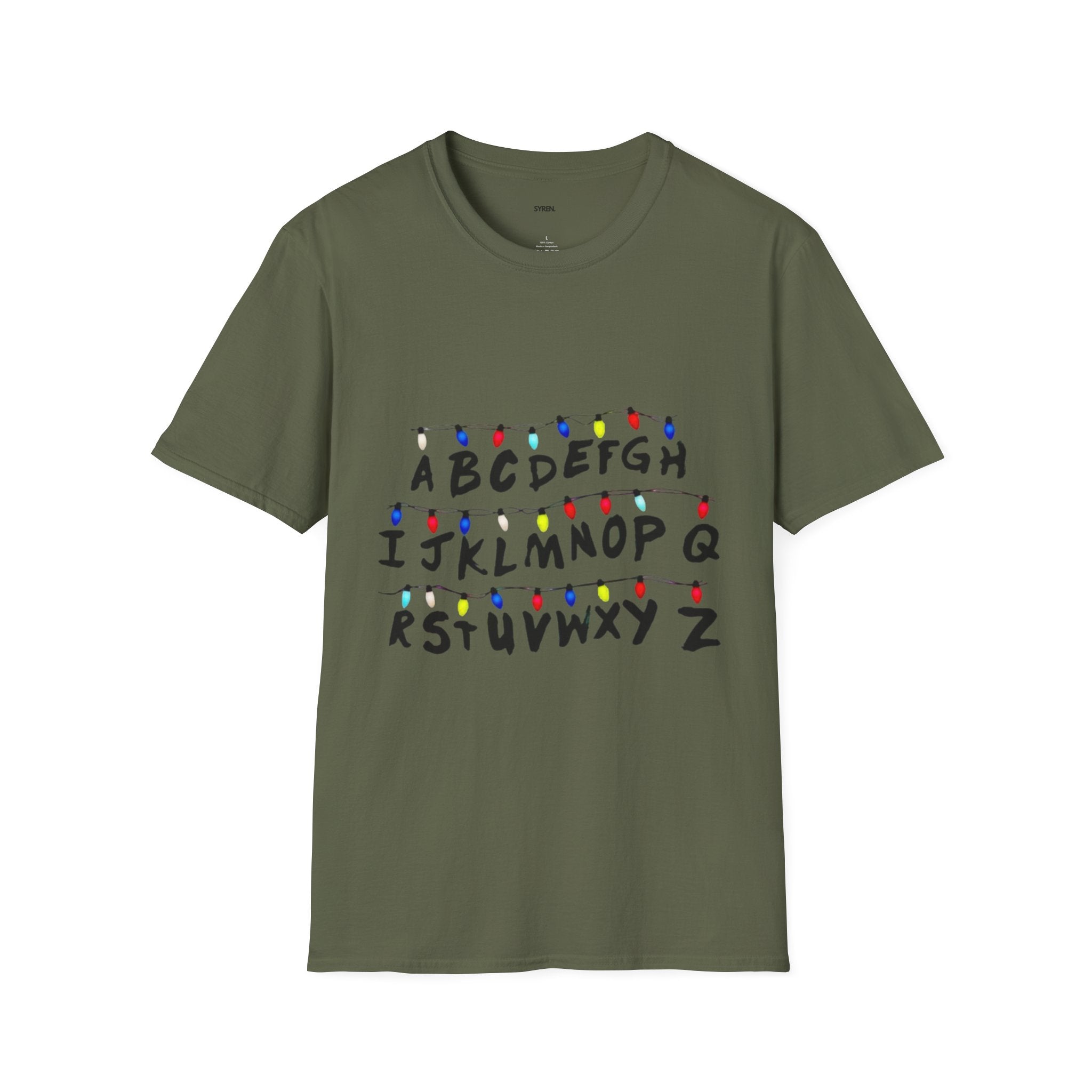 Alphabet String Lights T‑Shirt — Retro Holiday Stranger Things Inspired Tee