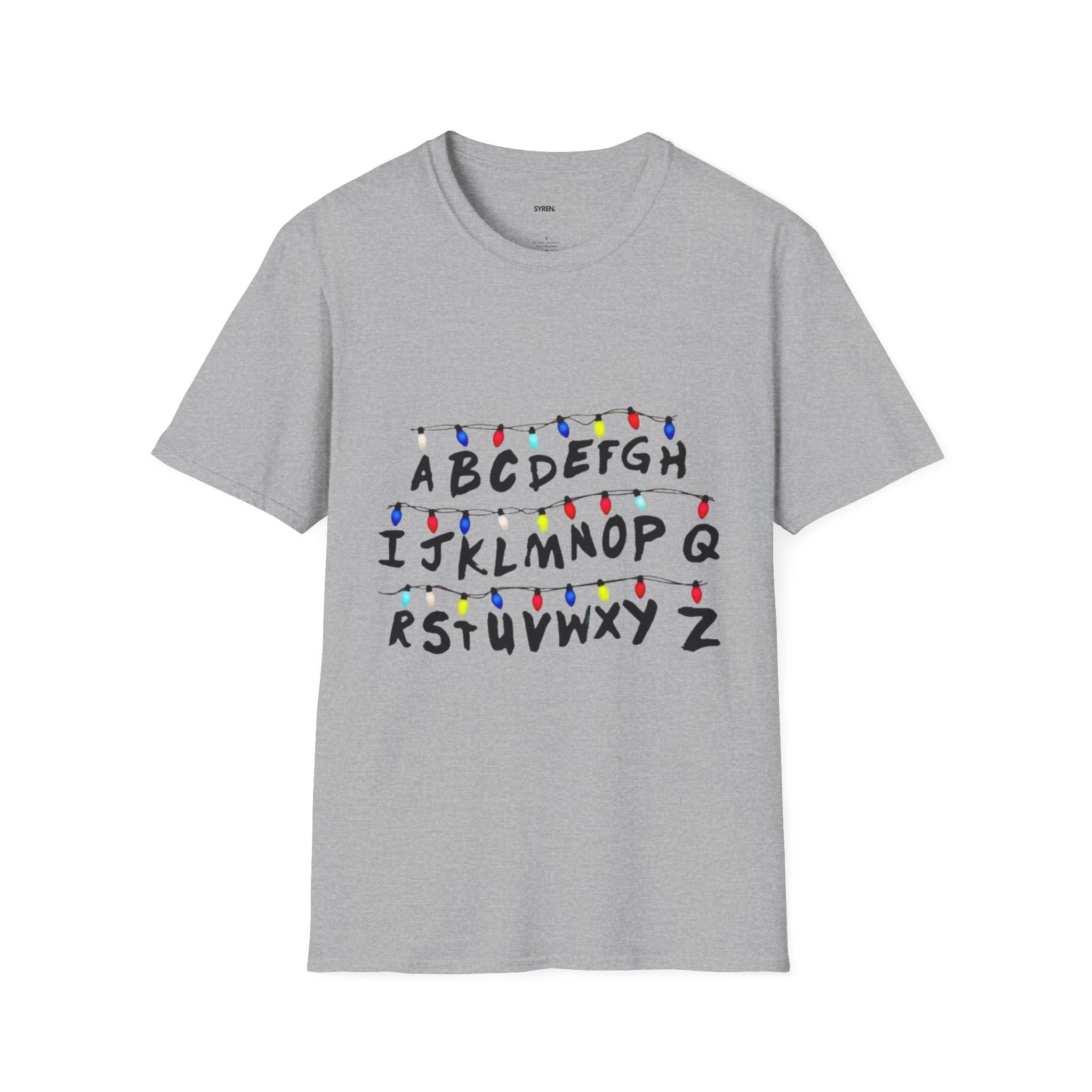 Alphabet String Lights T‑Shirt — Retro Holiday Stranger Things Inspired Tee