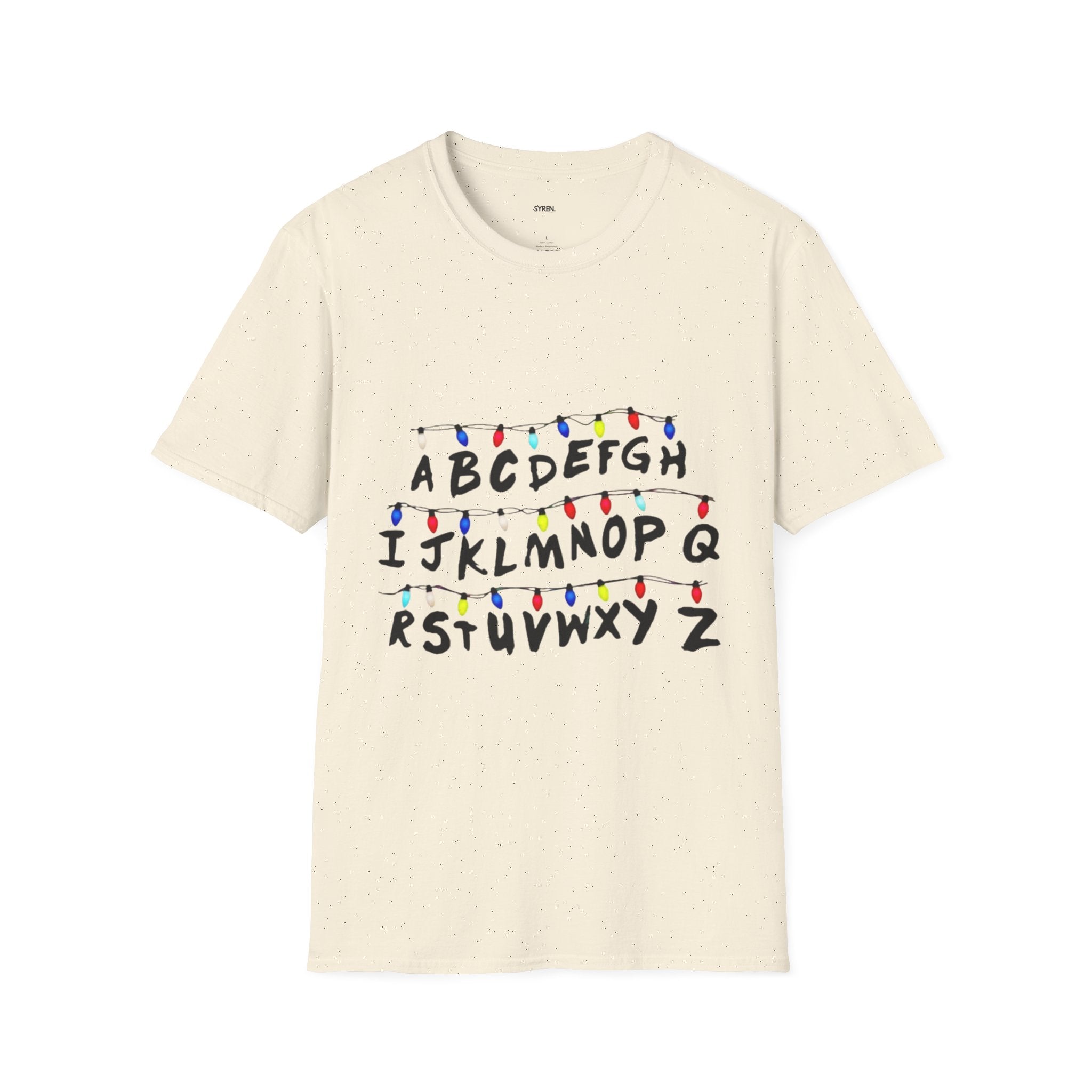 Alphabet String Lights T‑Shirt — Retro Holiday Stranger Things Inspired Tee