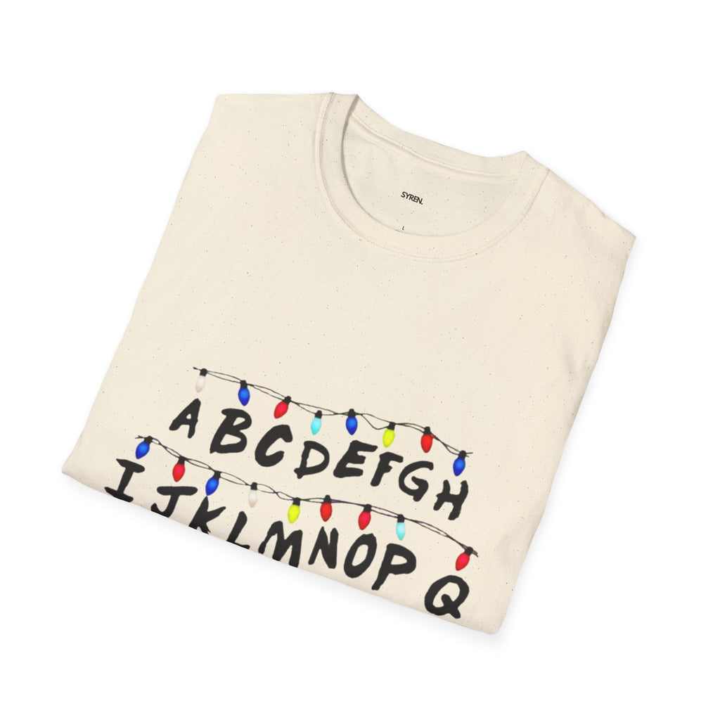 Alphabet String Lights T‑Shirt — Retro Holiday Stranger Things Inspired Tee