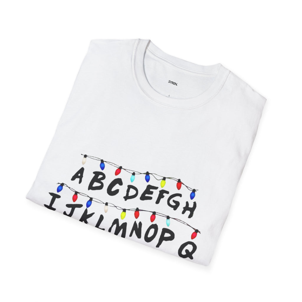 Alphabet String Lights T‑Shirt — Retro Holiday Stranger Things Inspired Tee