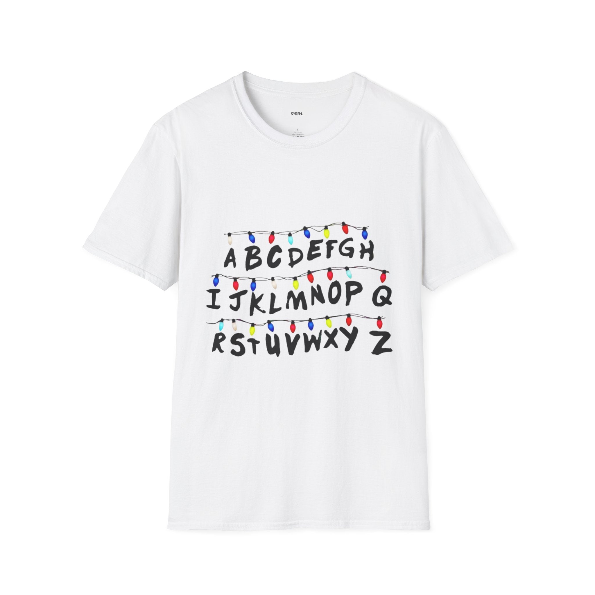 Alphabet String Lights T‑Shirt — Retro Holiday Stranger Things Inspired Tee