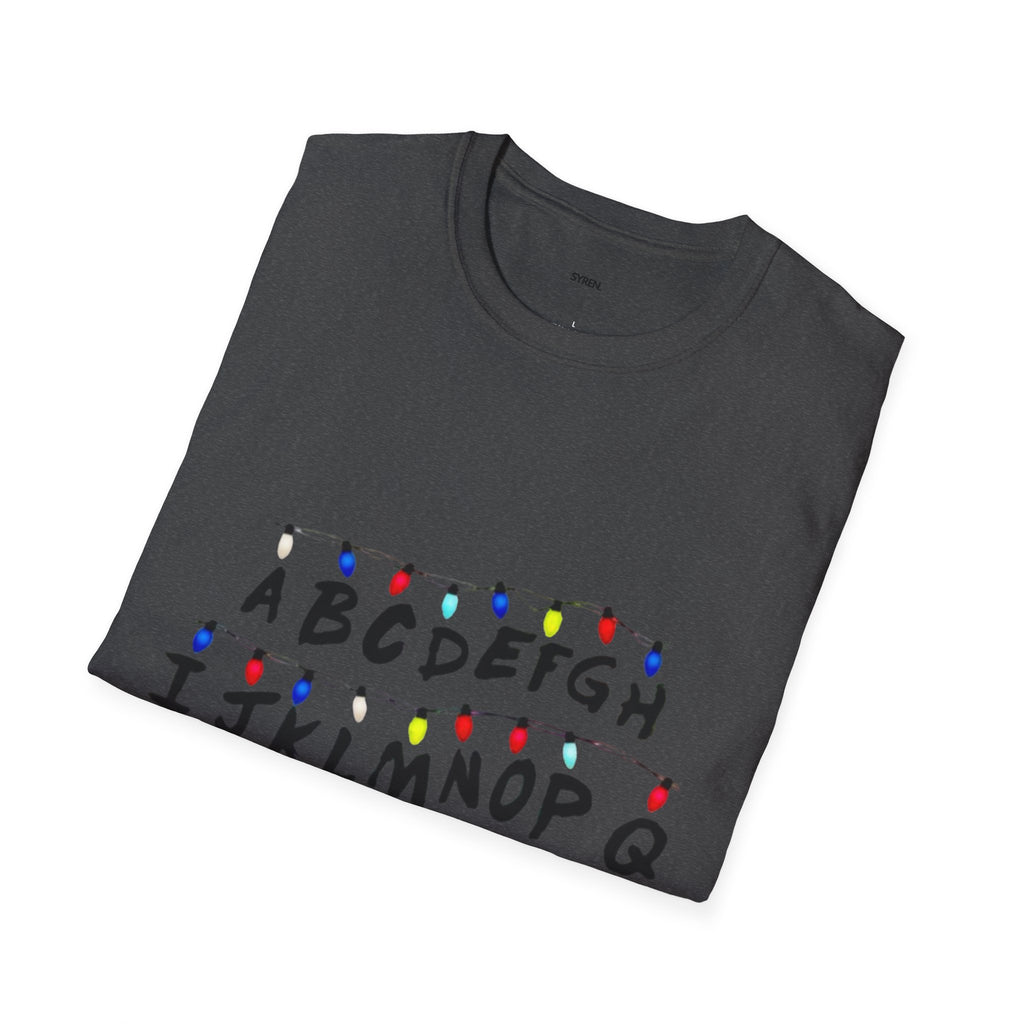 Alphabet String Lights T‑Shirt — Retro Holiday Stranger Things Inspired Tee