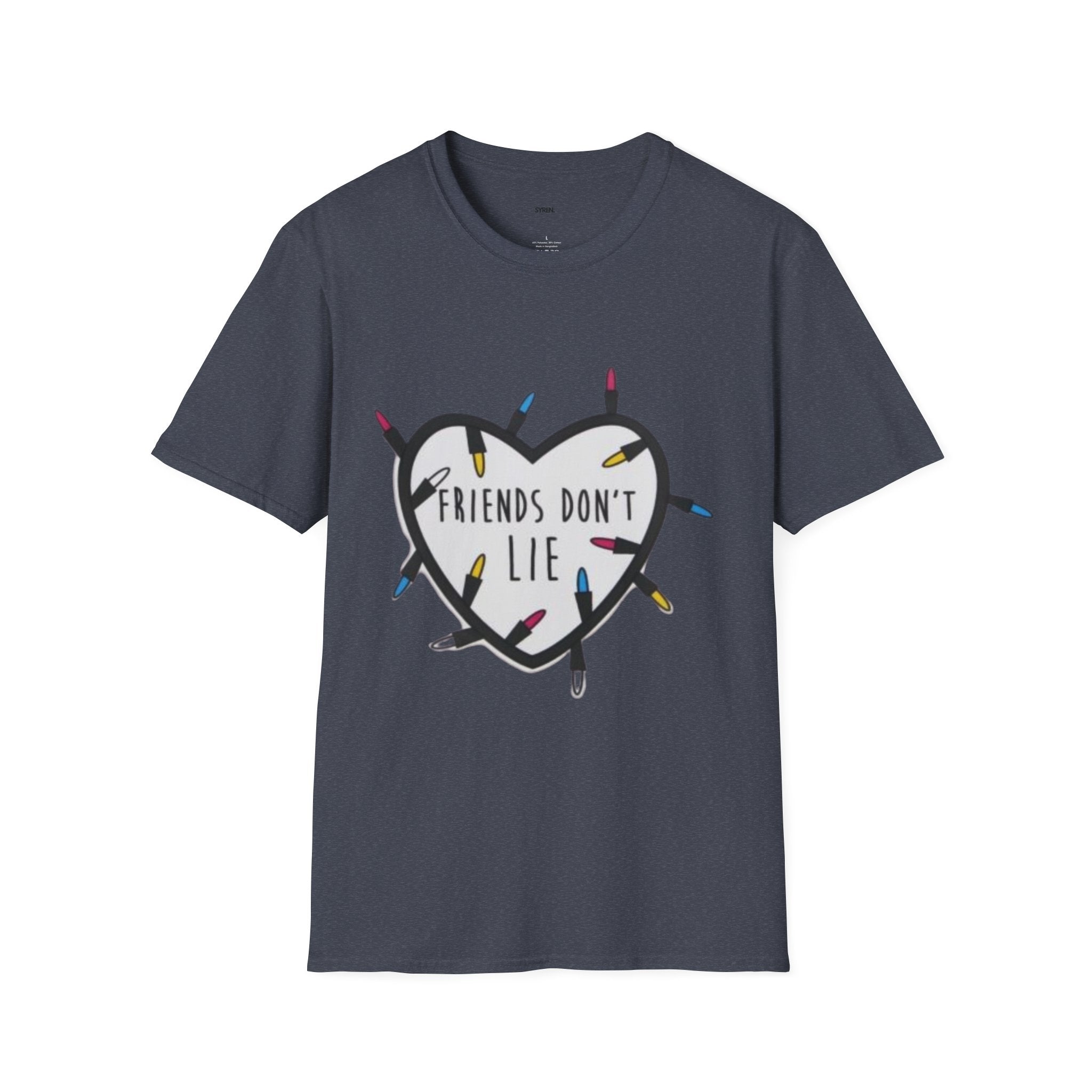 Friends Don't Lie T-Shirt — Stranger Things-Inspired Heart & Holiday Lights Tee