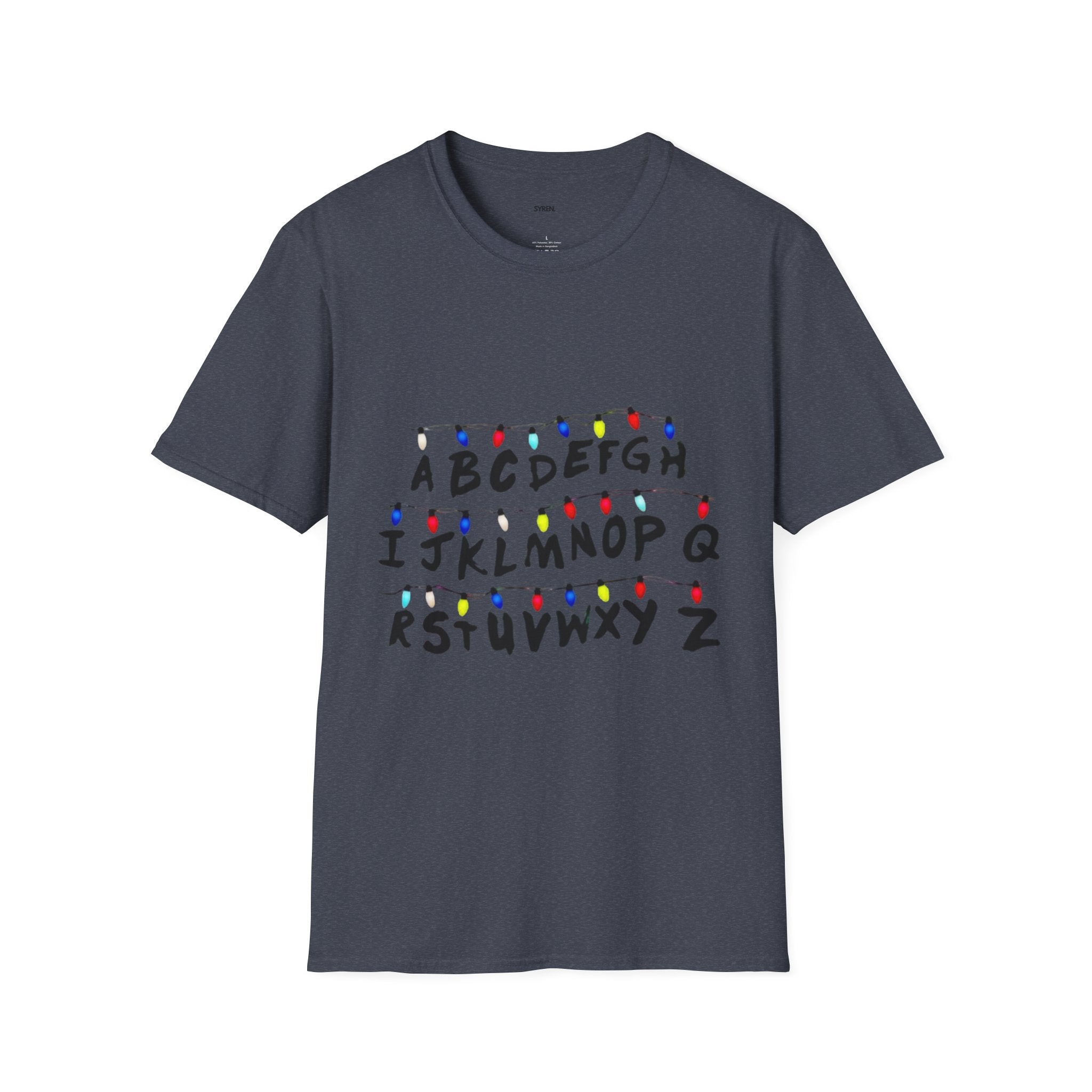 Alphabet String Lights T‑Shirt — Retro Holiday Stranger Things Inspired Tee