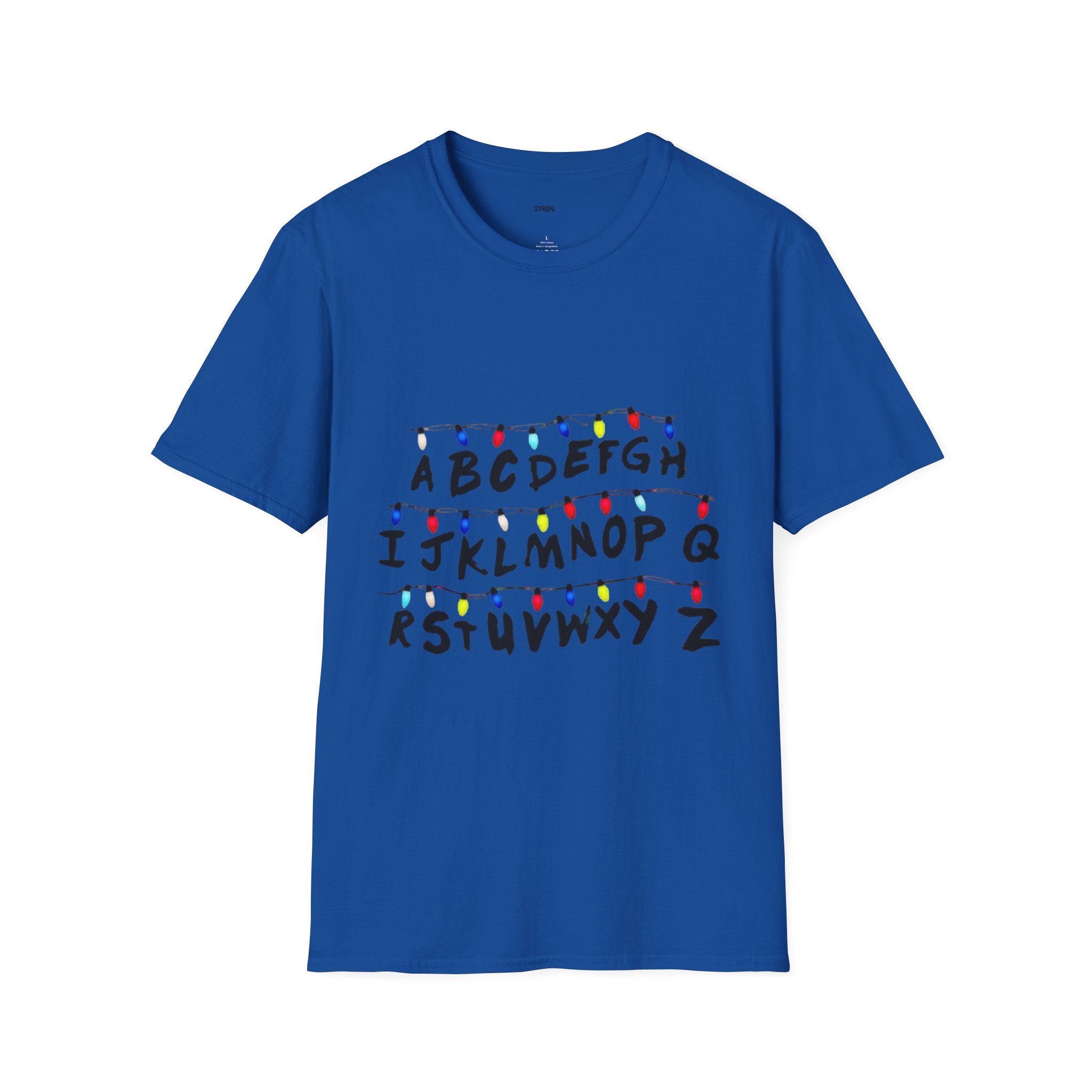 Alphabet String Lights T‑Shirt — Retro Holiday Stranger Things Inspired Tee