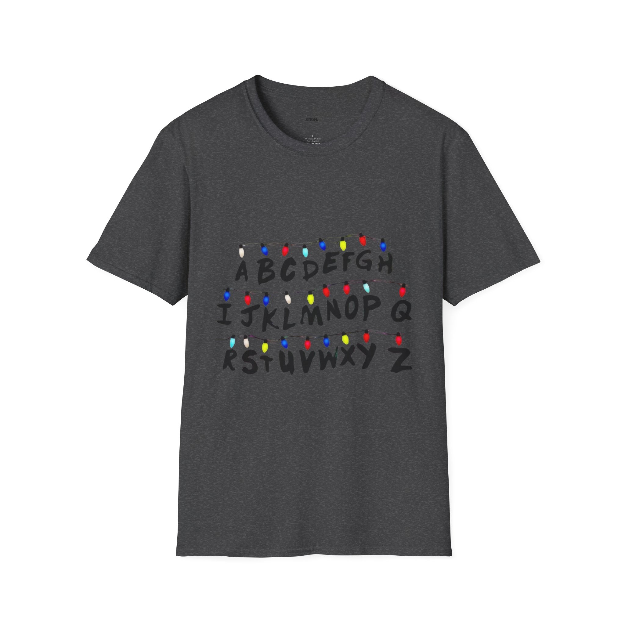 Alphabet String Lights T‑Shirt — Retro Holiday Stranger Things Inspired Tee