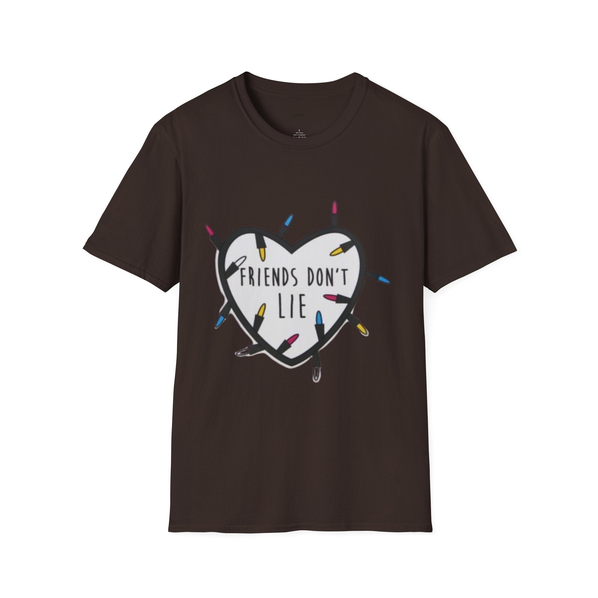 Friends Don't Lie T-Shirt — Stranger Things-Inspired Heart & Holiday Lights Tee