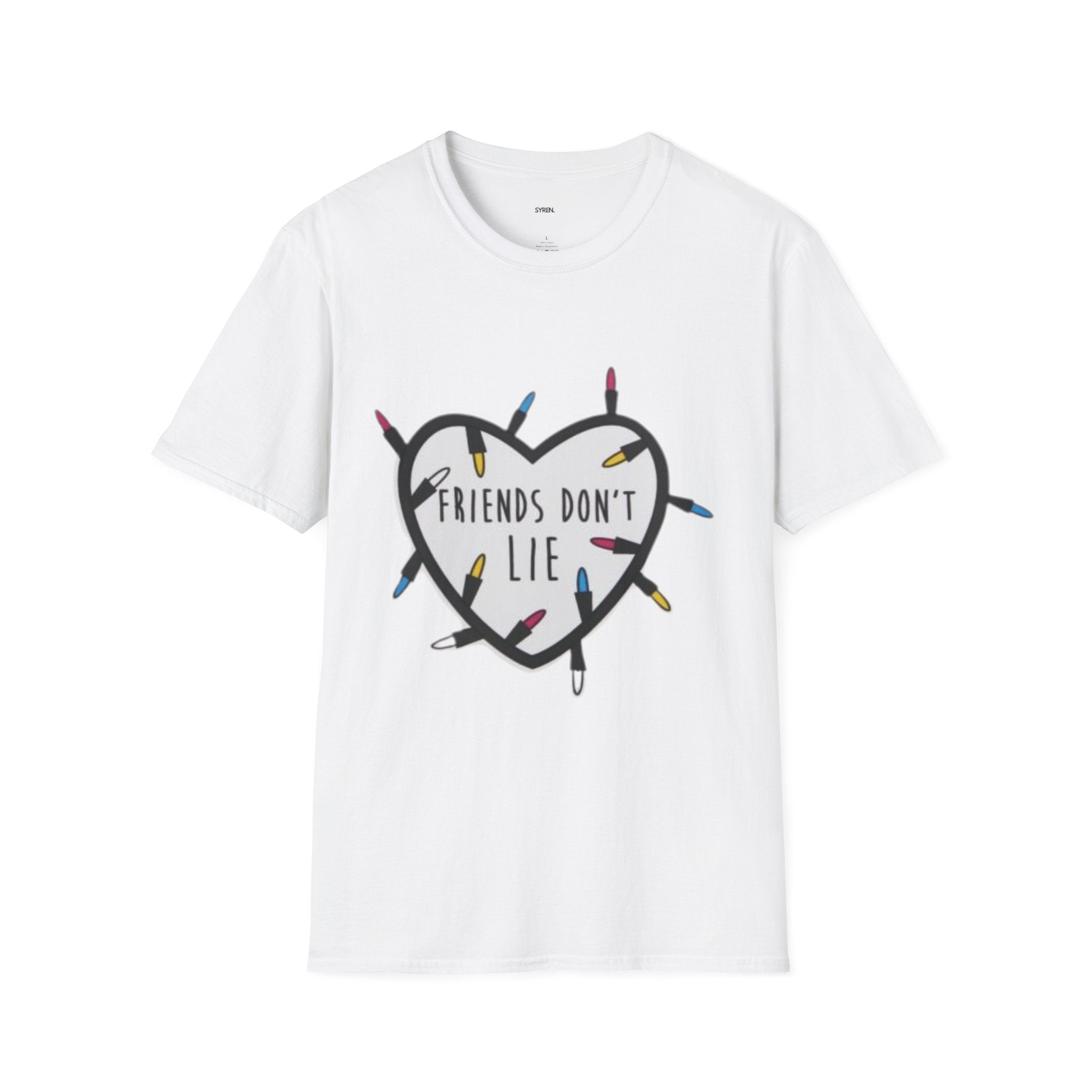 Friends Don't Lie T-Shirt — Stranger Things-Inspired Heart & Holiday Lights Tee