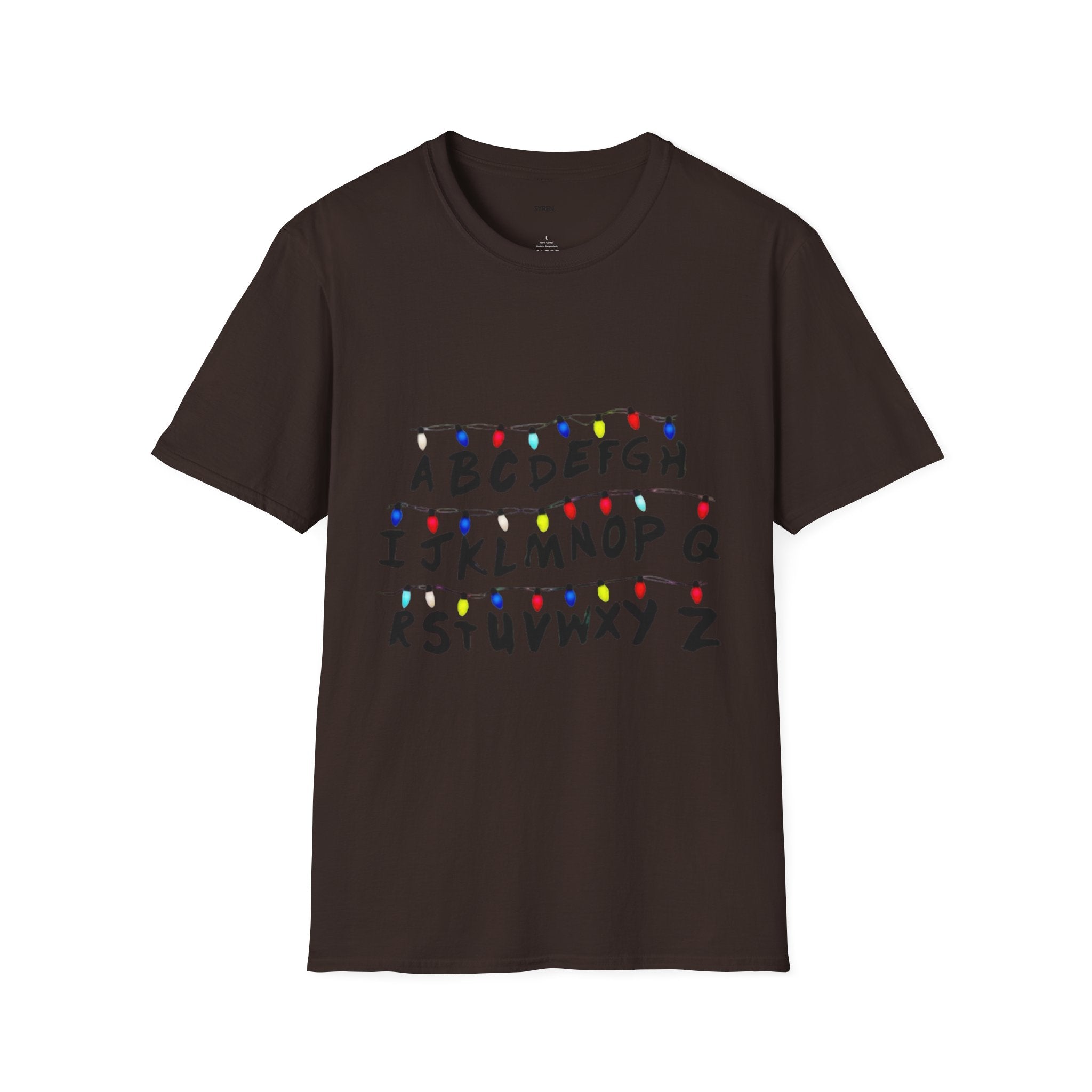 Alphabet String Lights T‑Shirt — Retro Holiday Stranger Things Inspired Tee
