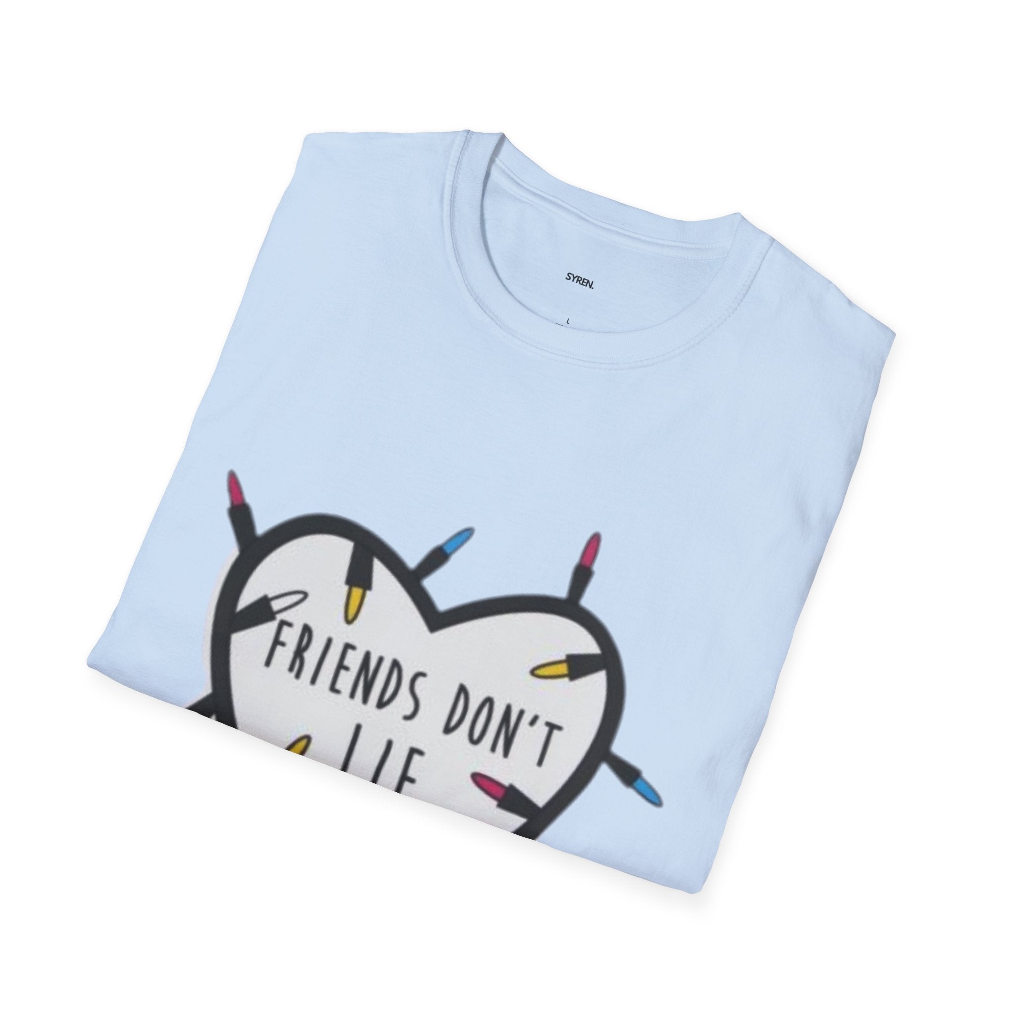 Friends Don't Lie T-Shirt — Stranger Things-Inspired Heart & Holiday Lights Tee