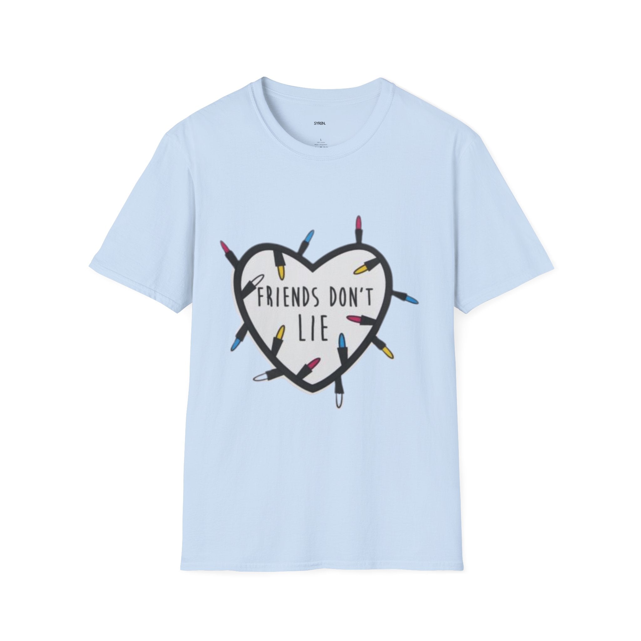 Friends Don't Lie T-Shirt — Stranger Things-Inspired Heart & Holiday Lights Tee