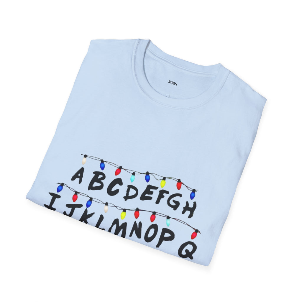 Alphabet String Lights T‑Shirt — Retro Holiday Stranger Things Inspired Tee