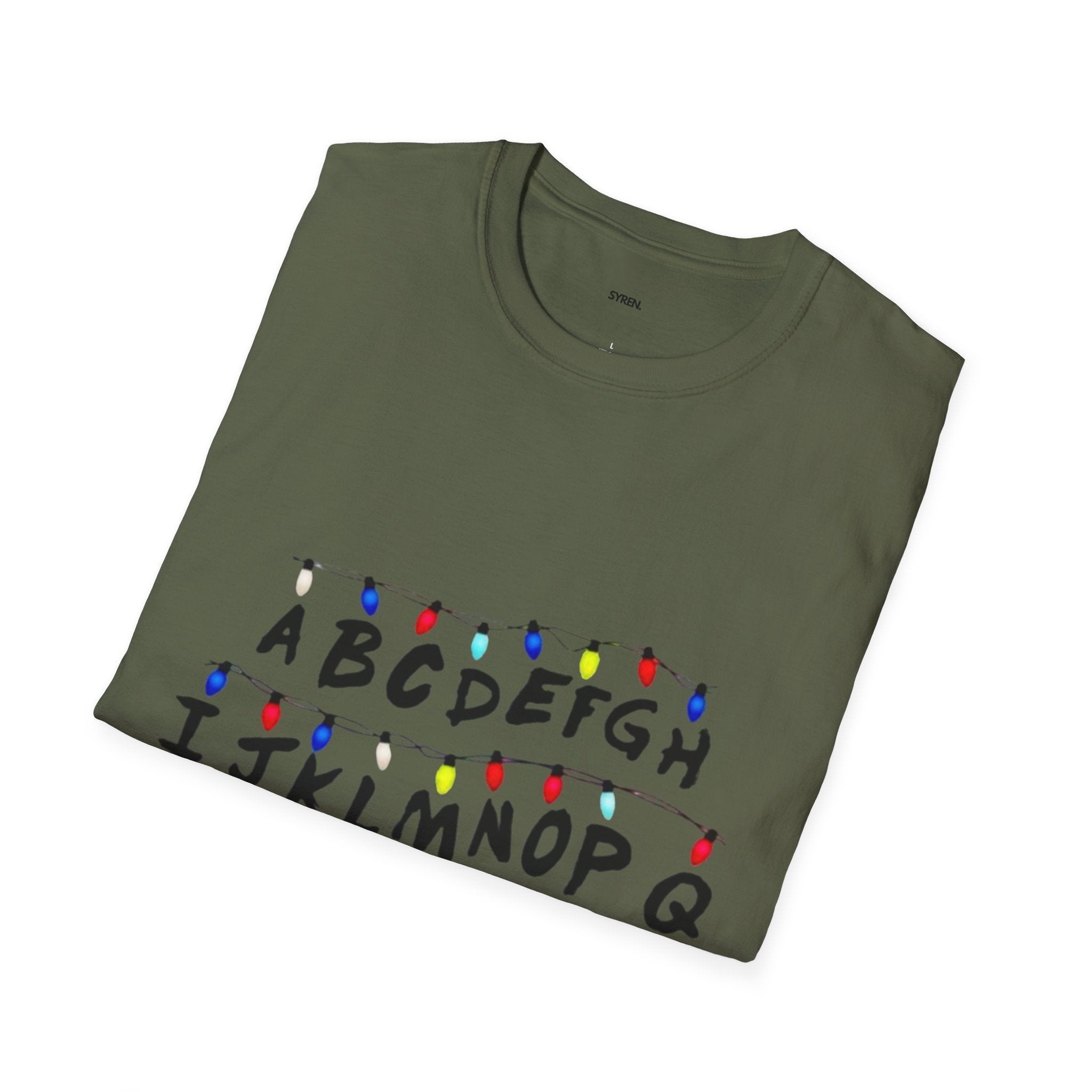 Alphabet String Lights T‑Shirt — Retro Holiday Stranger Things Inspired Tee