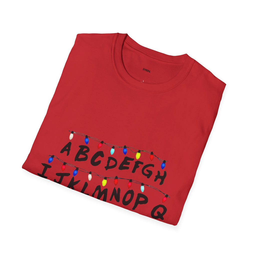 Alphabet String Lights T‑Shirt — Retro Holiday Stranger Things Inspired Tee