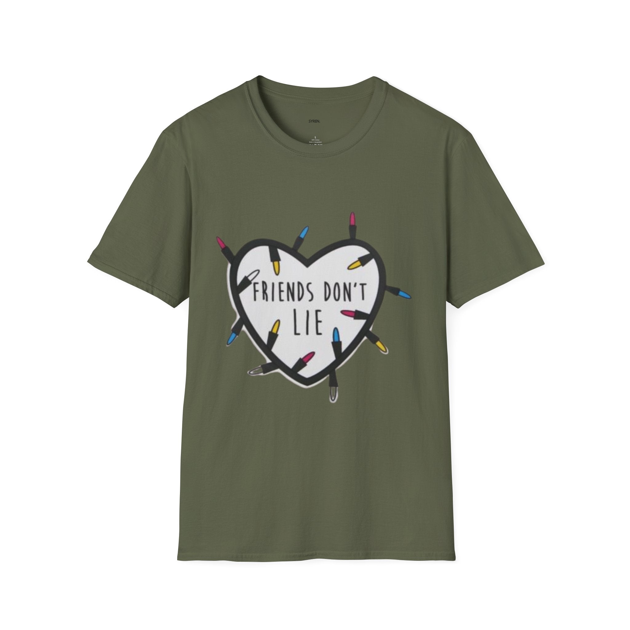 Friends Don't Lie T-Shirt — Stranger Things-Inspired Heart & Holiday Lights Tee