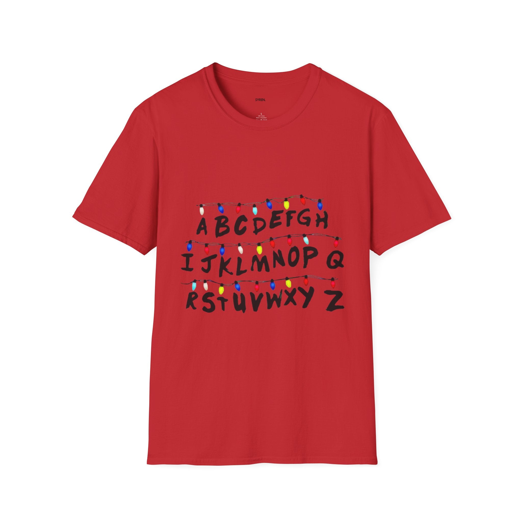Alphabet String Lights T‑Shirt — Retro Holiday Stranger Things Inspired Tee