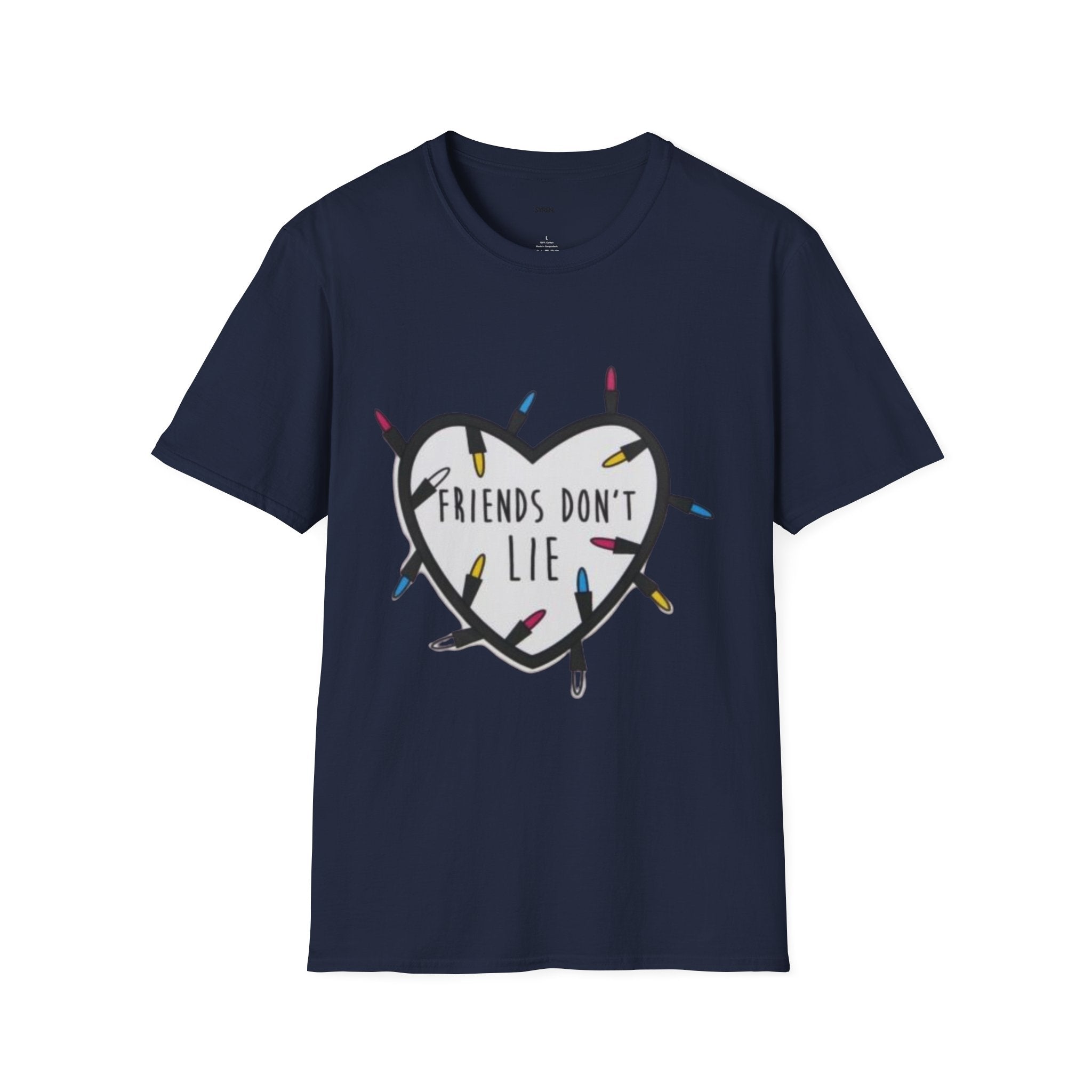Friends Don't Lie T-Shirt — Stranger Things-Inspired Heart & Holiday Lights Tee