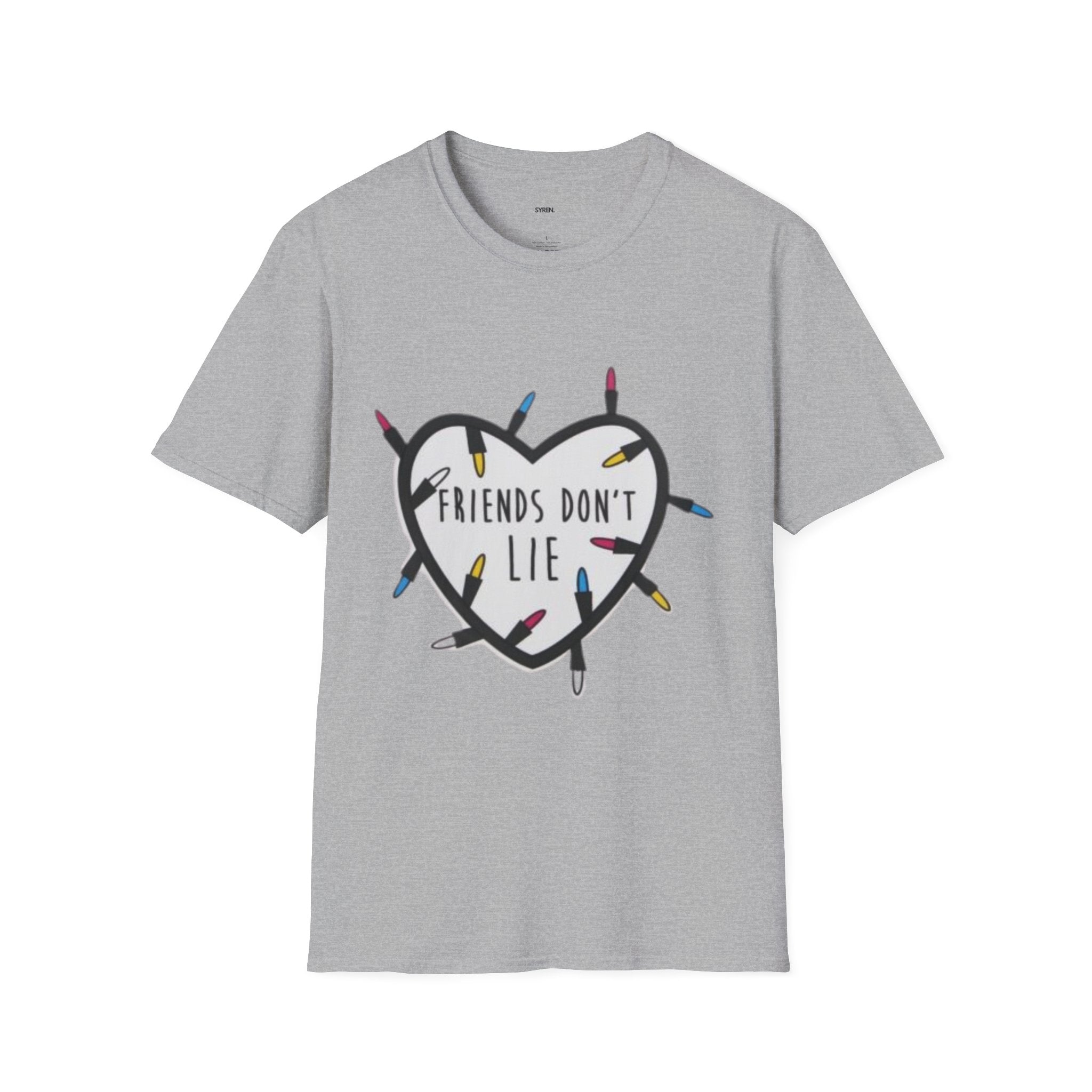 Friends Don't Lie T-Shirt — Stranger Things-Inspired Heart & Holiday Lights Tee