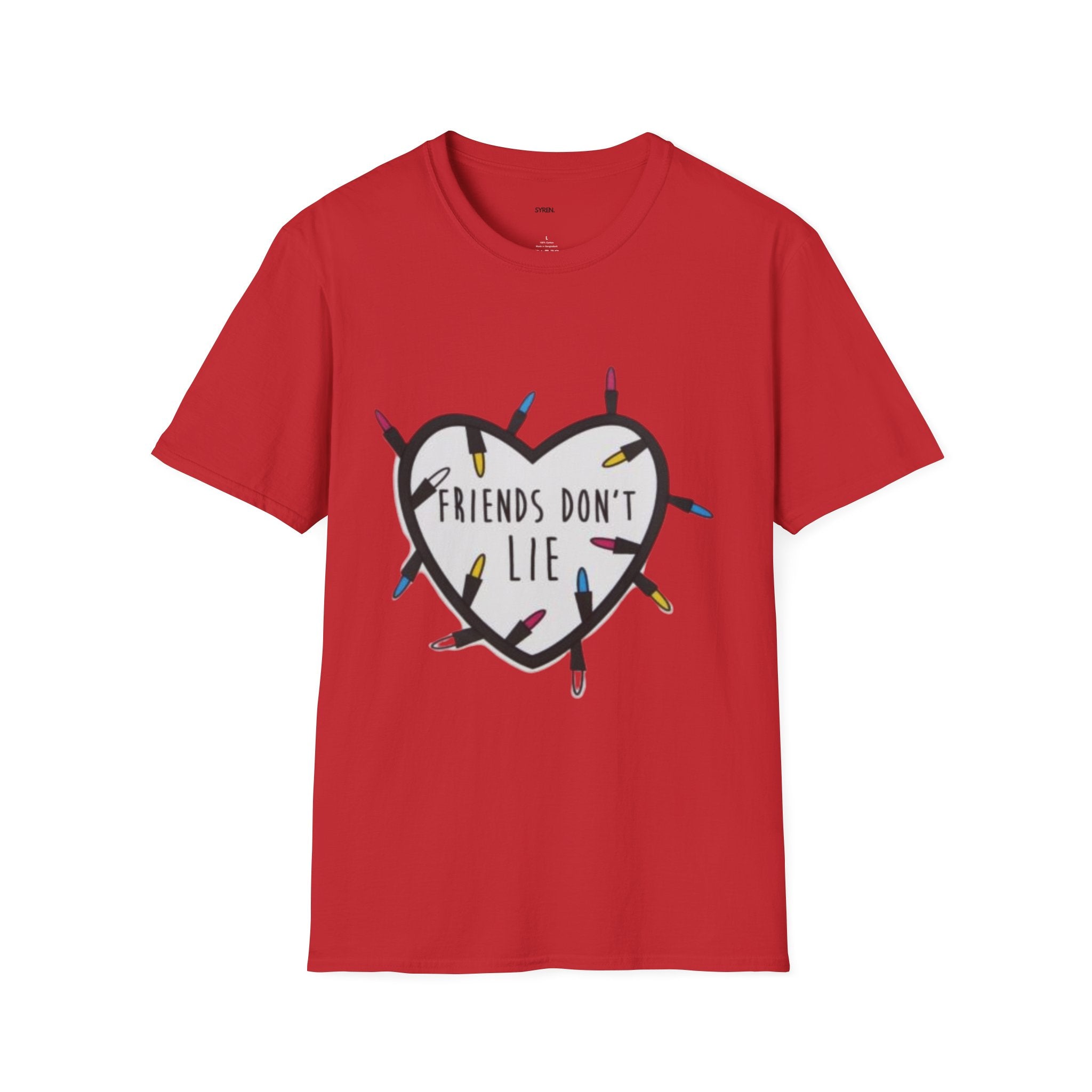 Friends Don't Lie T-Shirt — Stranger Things-Inspired Heart & Holiday Lights Tee